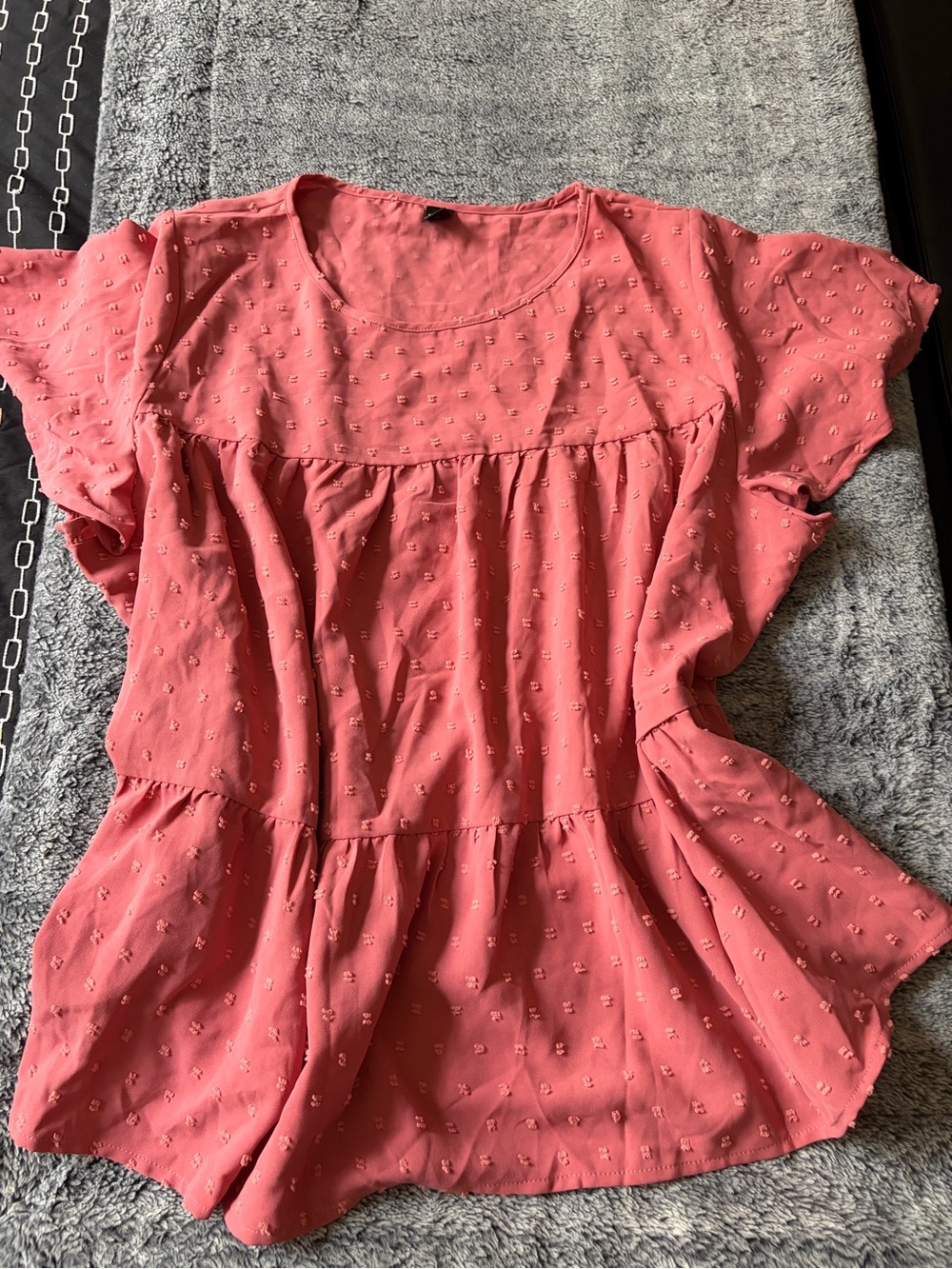 Coral Pink Textured Short-Sleeve Peplum Blouse
